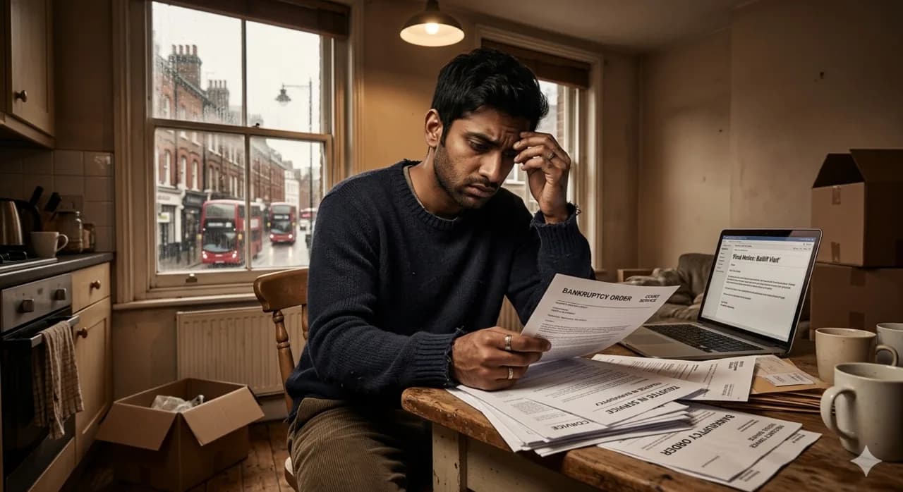 Man sitting at his kitchen table reviewing a stack of creditor correspondence on his laptop, moving boxes packed on the floor beside him — preparing for an insolvency application
