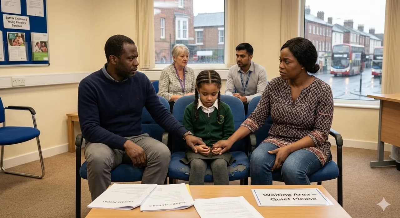 Parents and their primary-school-age daughter in a Children's Services waiting area, CAFCASS report and Section 8 order paperwork on the table in front of them