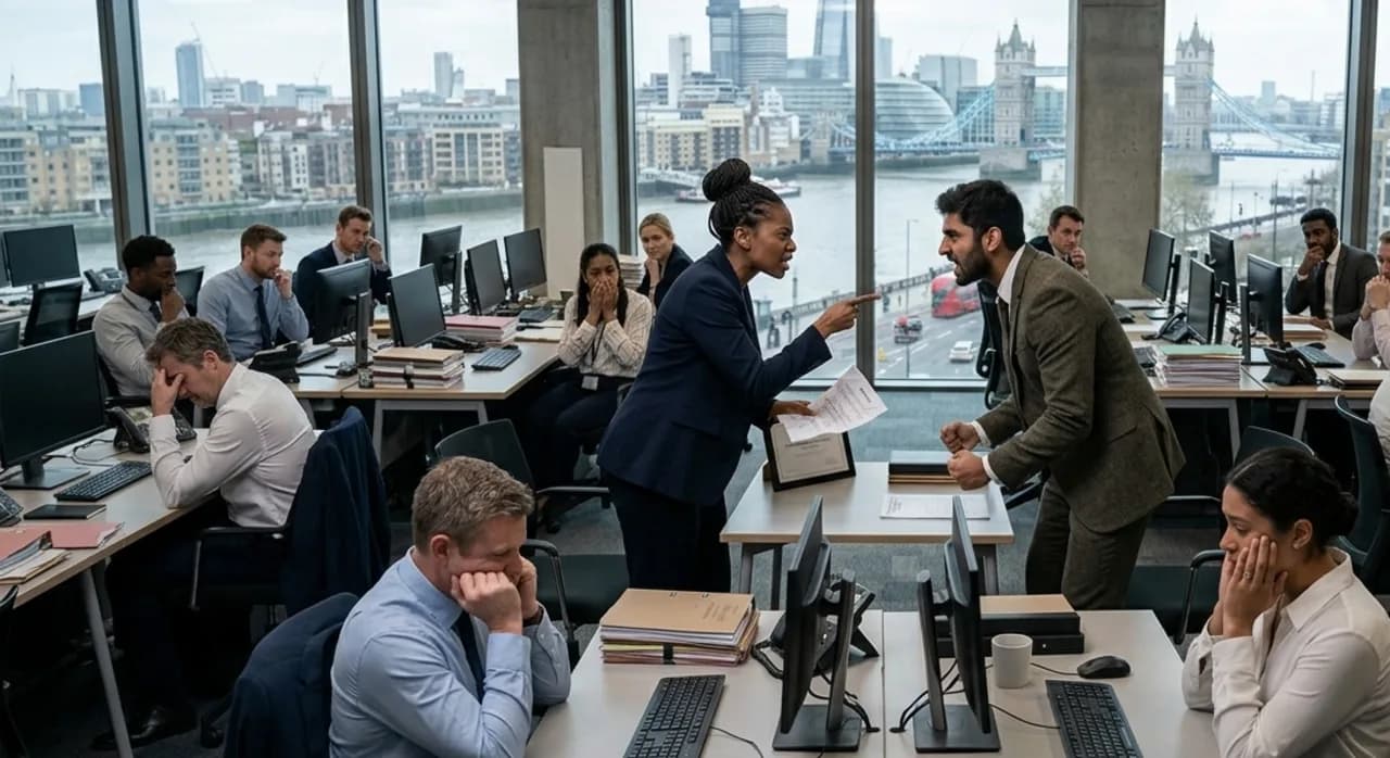 Busy commercial litigation team at work across a City of London office, two solicitors comparing documents in the centre with Tower Bridge visible through the windows