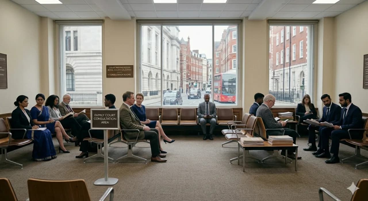 Two parties and their representatives sitting on opposite sides of a Family Court waiting room ahead of a divorce financial remedy hearing