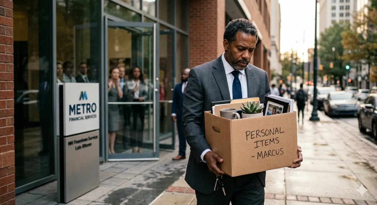 Dismissed employee leaving a city office carrying a box of personal belongings — preparing an Employment Tribunal claim