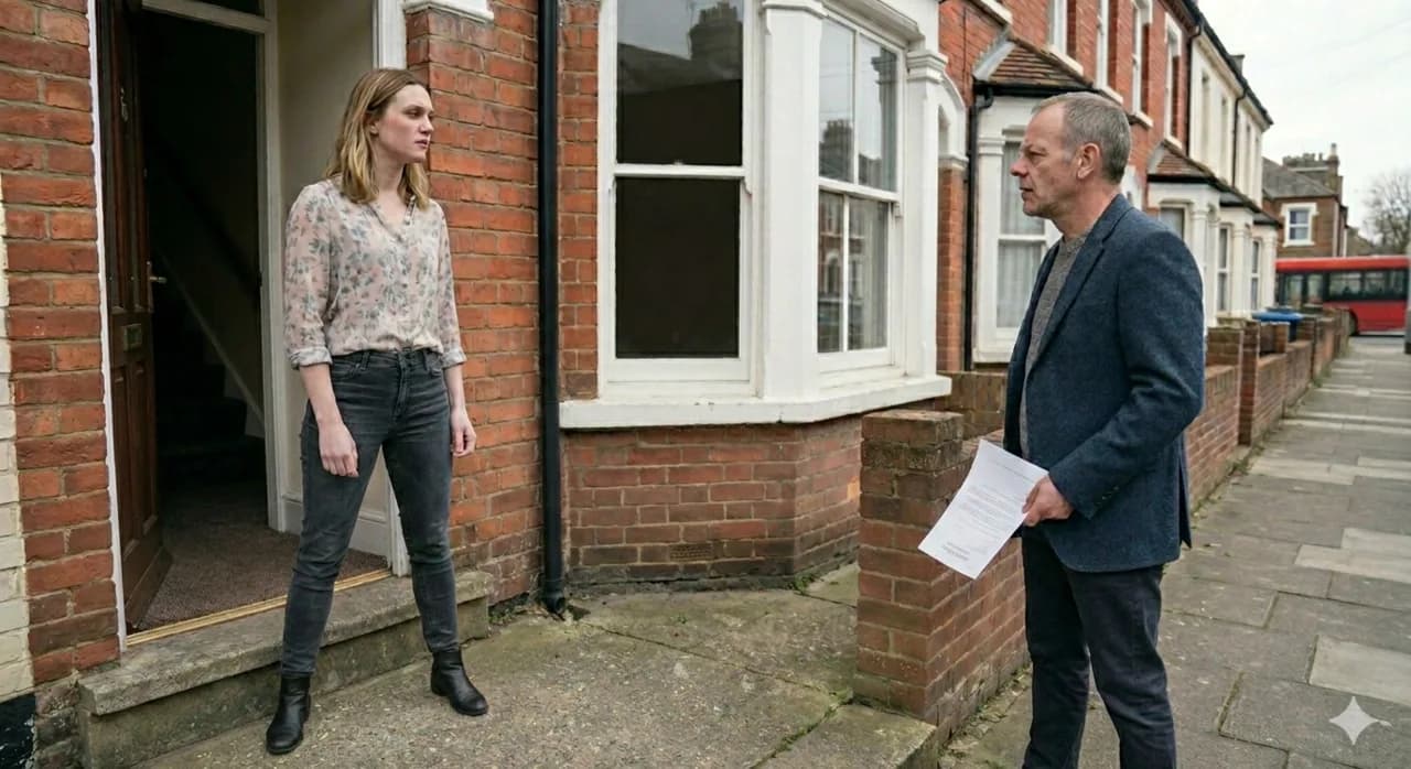 Process server with paperwork standing on the doorstep of a terraced house meeting a tenant — a routine moment in a possession or arrears case
