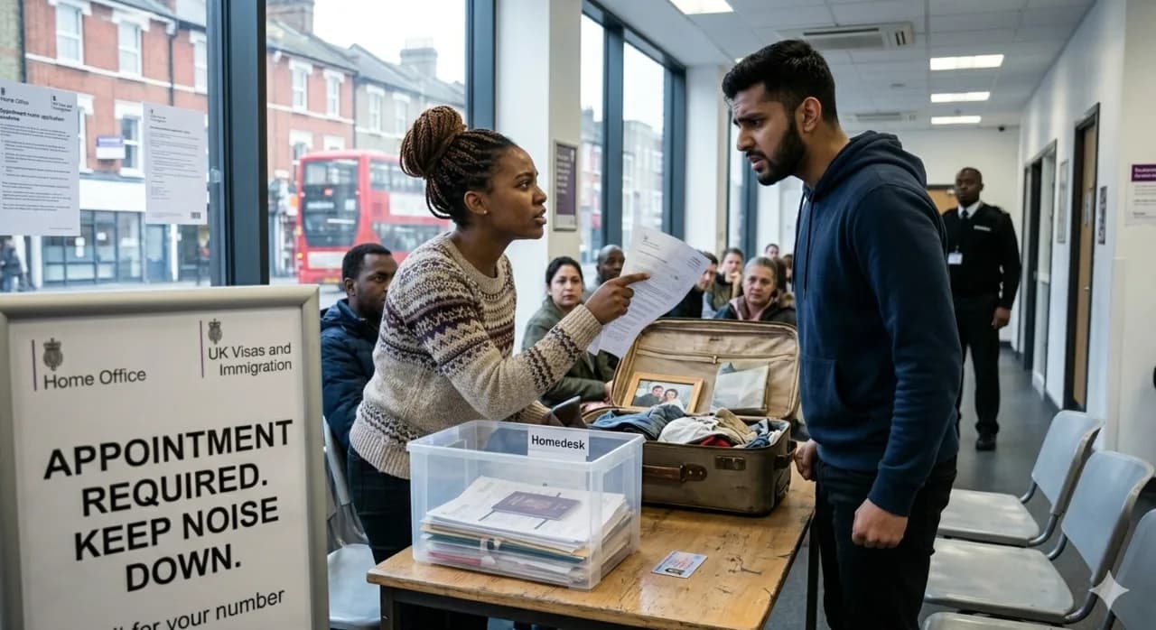 Caseworker at a UK Visas and Immigration desk receiving documents from an applicant — appointment-required Home Office signage in the background