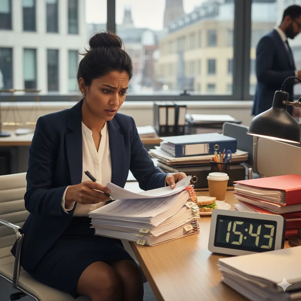 Professional stressed by last-minute document changes with clock showing deadline approaching