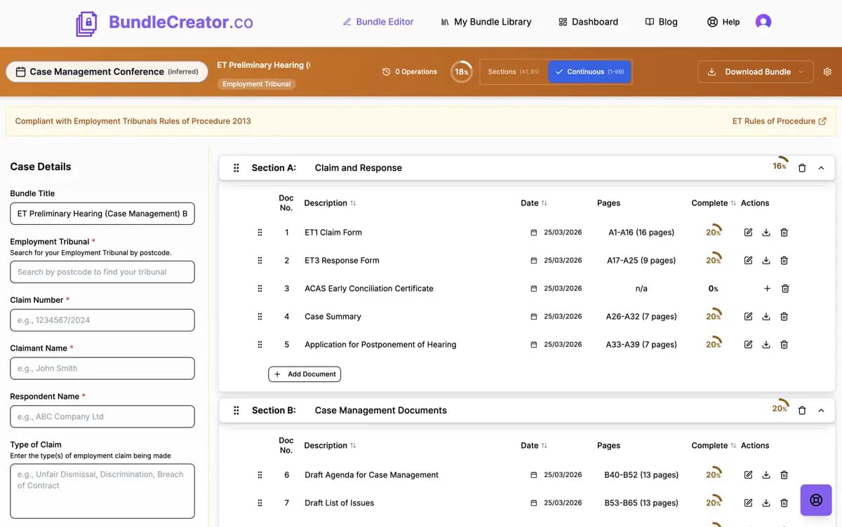 BundleCreator employment tribunal bundle editor showing ET Preliminary Hearing Case Management bundle with ET1 Claim Form, ET3 Response Form, ACAS Certificate, Case Summary, and Draft Agenda sections