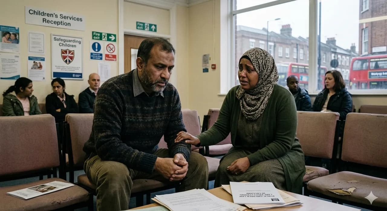 Parents waiting at a Local Authority Children's Services reception with care proceedings paperwork in front of them
