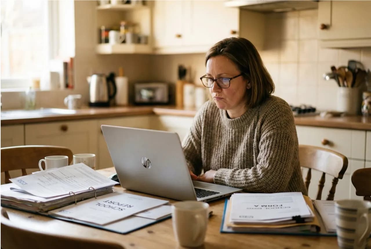 Parent organising SEND tribunal evidence at the kitchen table to send to the local authority