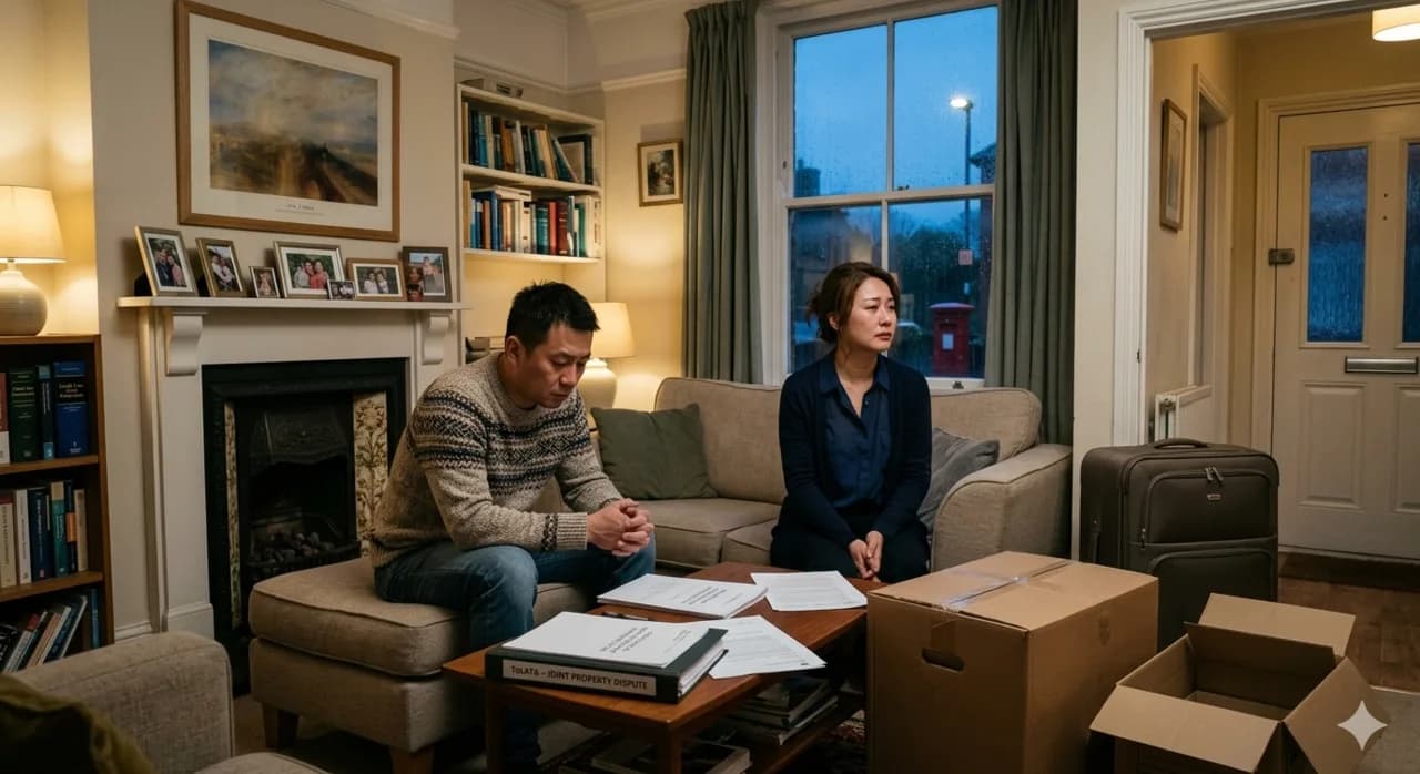 Unmarried cohabiting couple sitting in their shared living room with moving boxes and property paperwork on the coffee table, working out beneficial interests in the home